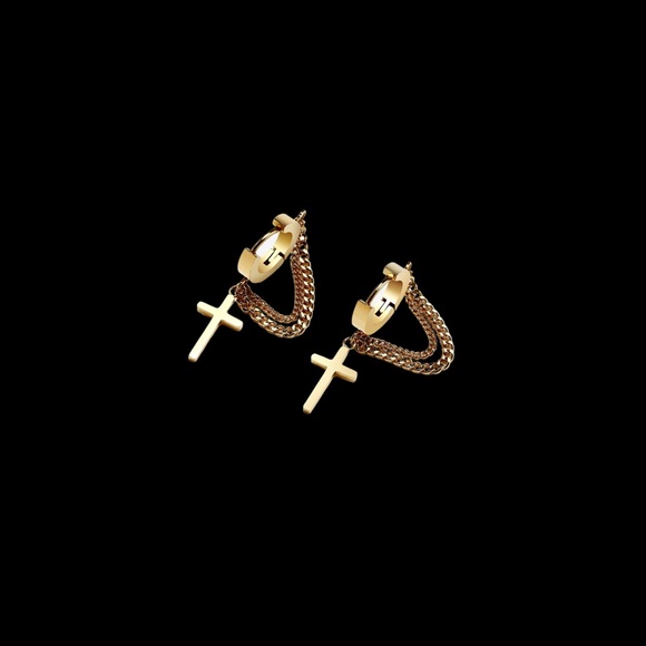 Mens Double Chain Cross Earring - Picture 2 of 9